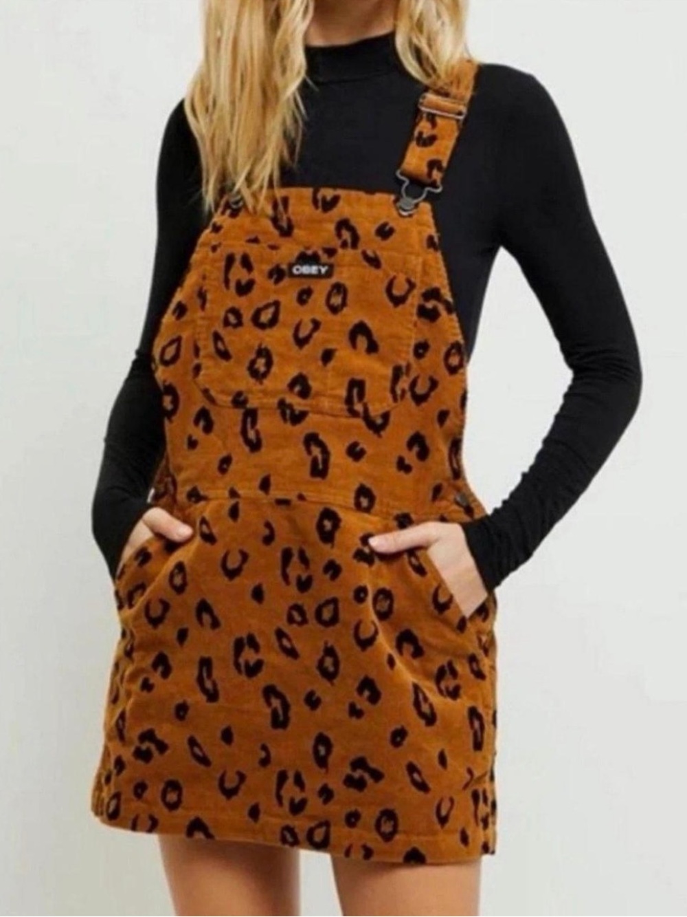 OBEY Leopard Print Corduroy Overall Dress